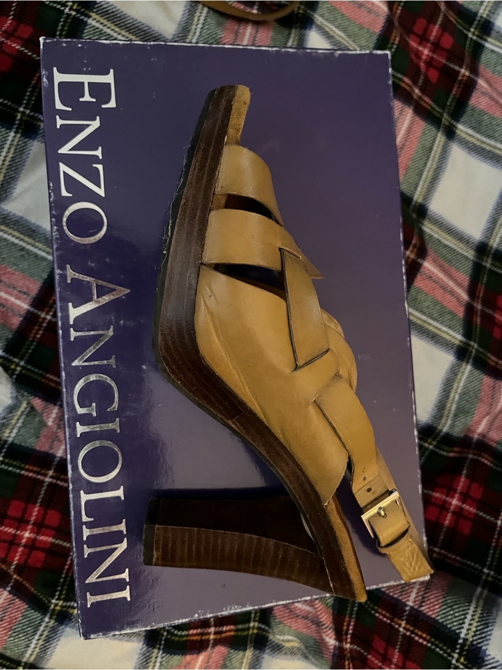 Vintage Enzo Angiolini Mustard Tan Leather Slingback Chunky Wood Sandals 7.5